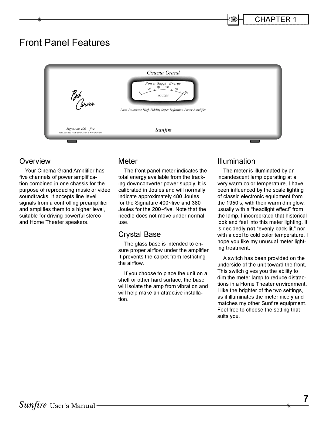 Sunfire 200 ~ five, 400 ~ five manual Front Panel Features, Overview, Meter, Crystal Base, Illumination 