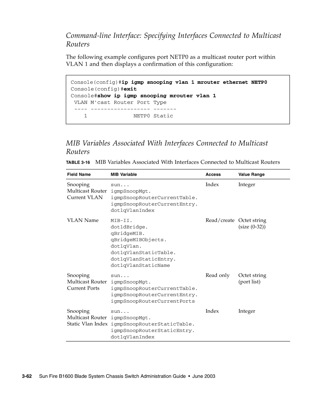 Sunfire B1600 Consoleconfig#ip igmp snooping vlan 1 mrouter ethernet NETP0, Console#show ip igmp snooping mrouter vlan 