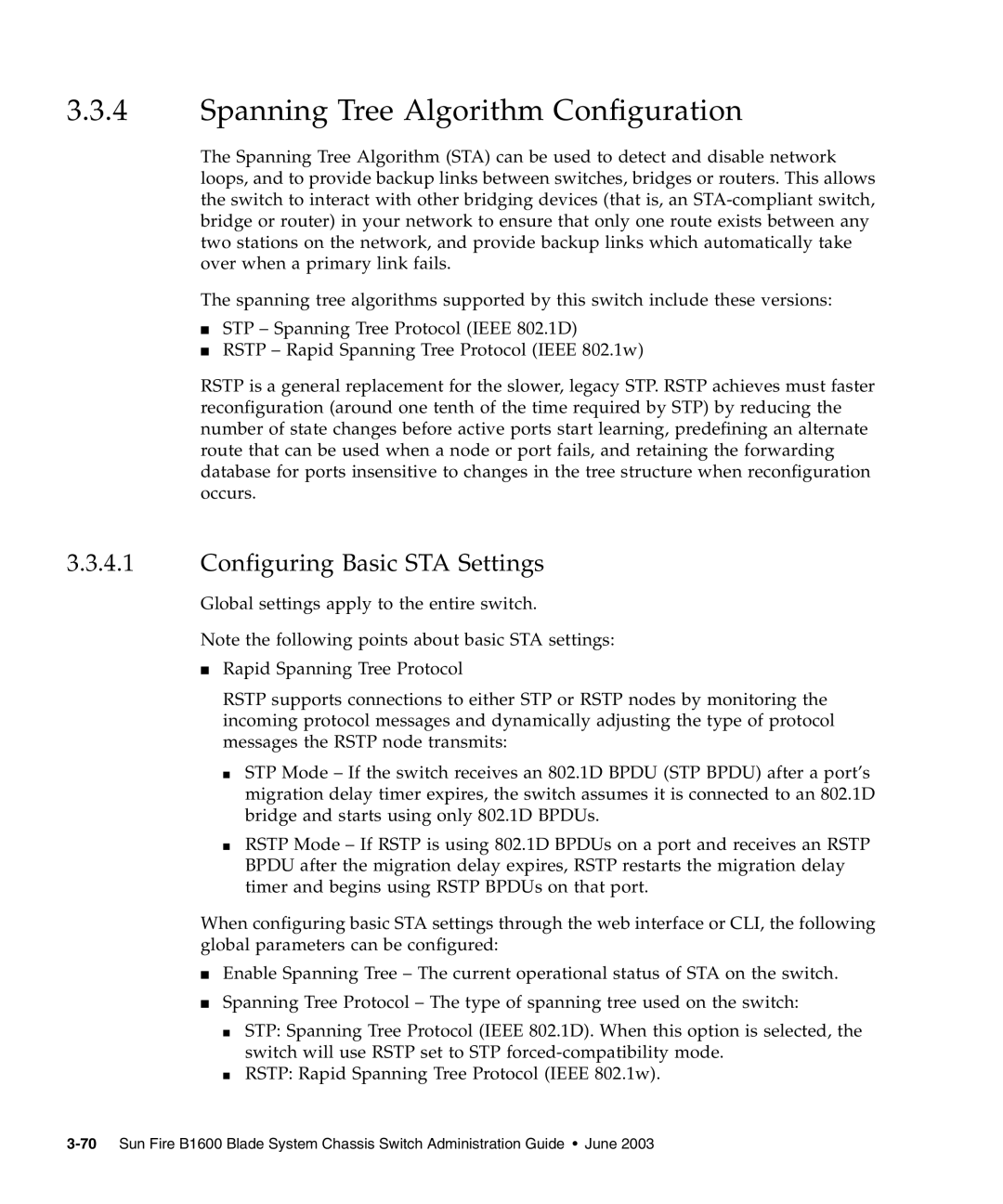 Sunfire B1600 manual Spanning Tree Algorithm Configuration, Configuring Basic STA Settings 