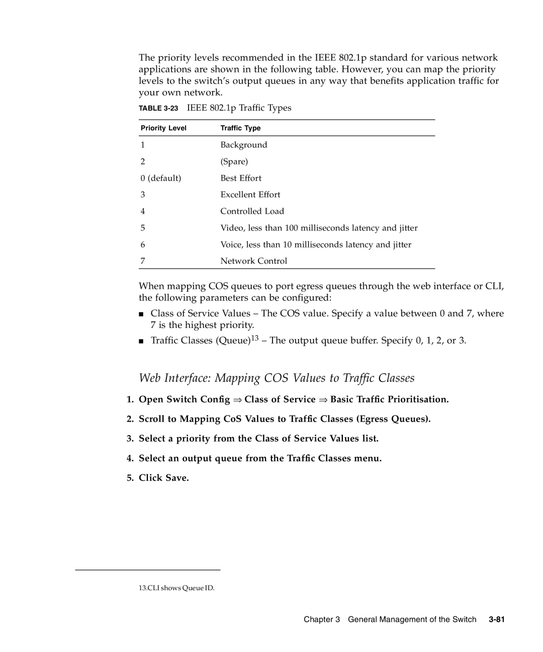 Sunfire B1600 manual Web Interface Mapping COS Values to Traffic Classes, 23IEEE 802.1p Traffic Types 
