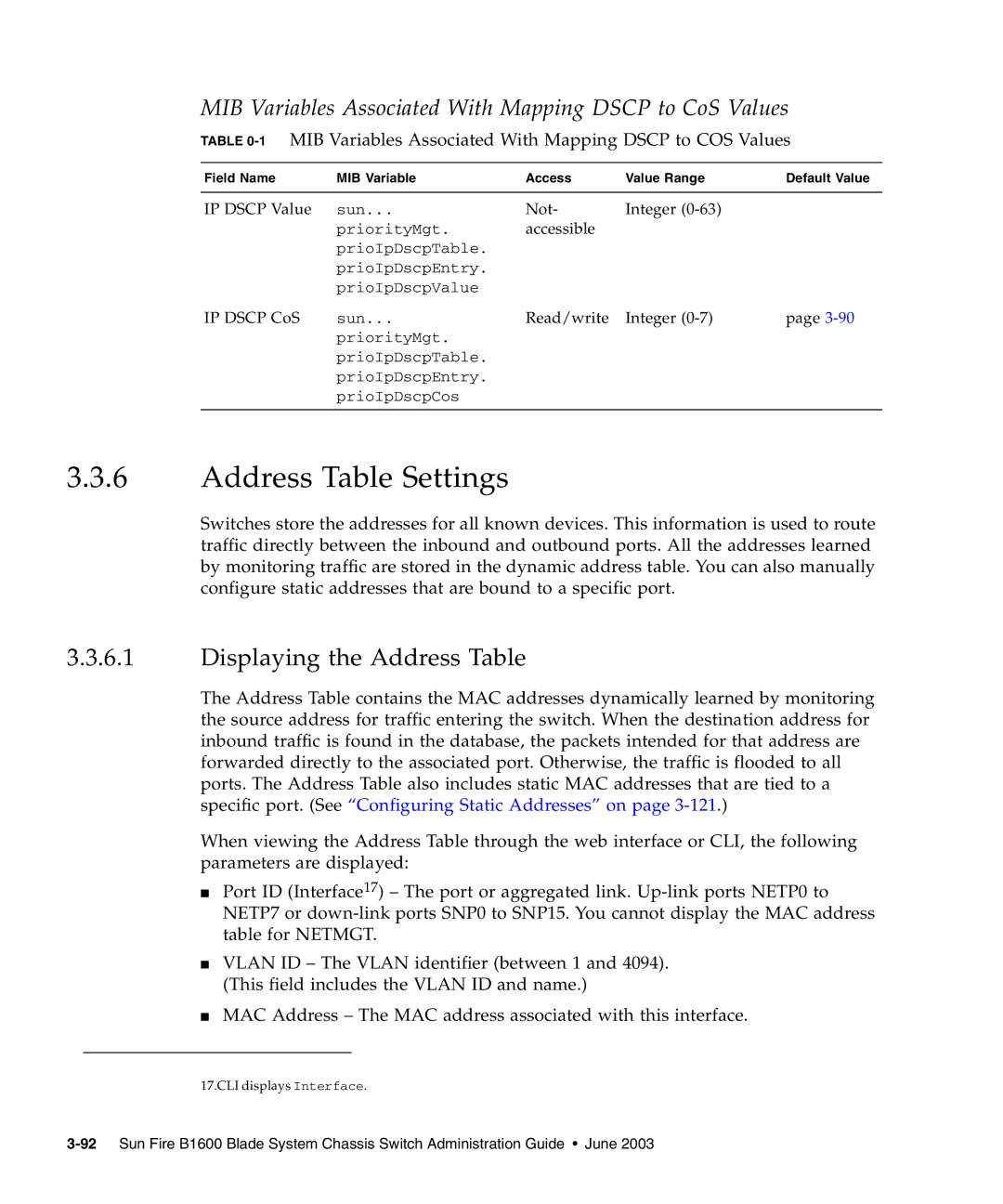 Sunfire B1600 manual Address Table Settings, Displaying the Address Table 