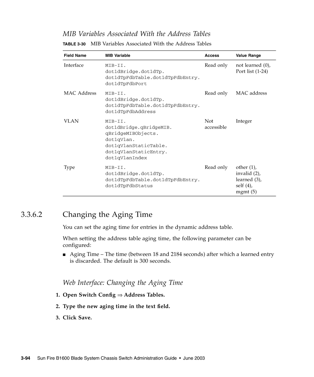 Sunfire B1600 manual Changing the Aging Time, MIB Variables Associated With the Address Tables 