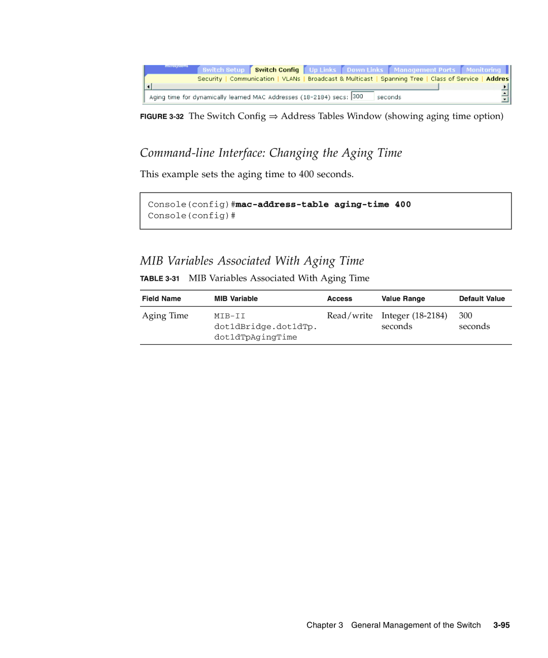 Sunfire B1600 manual Command-line Interface Changing the Aging Time, MIB Variables Associated With Aging Time 