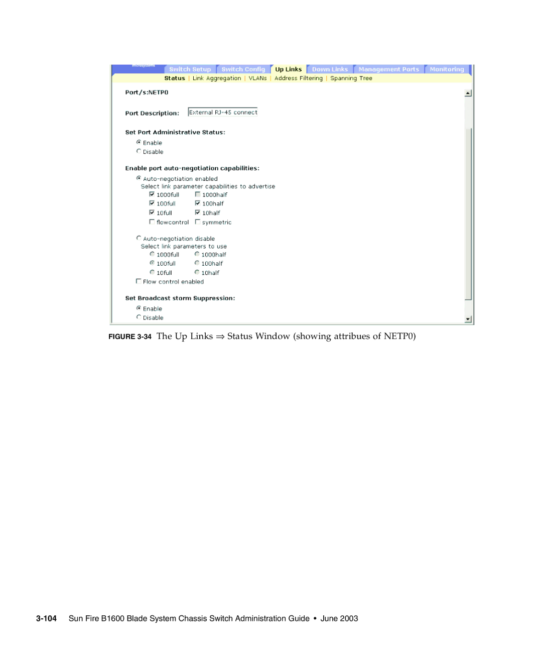 Sunfire B1600 manual 34The Up Links ⇒ Status Window showing attribues of NETP0 