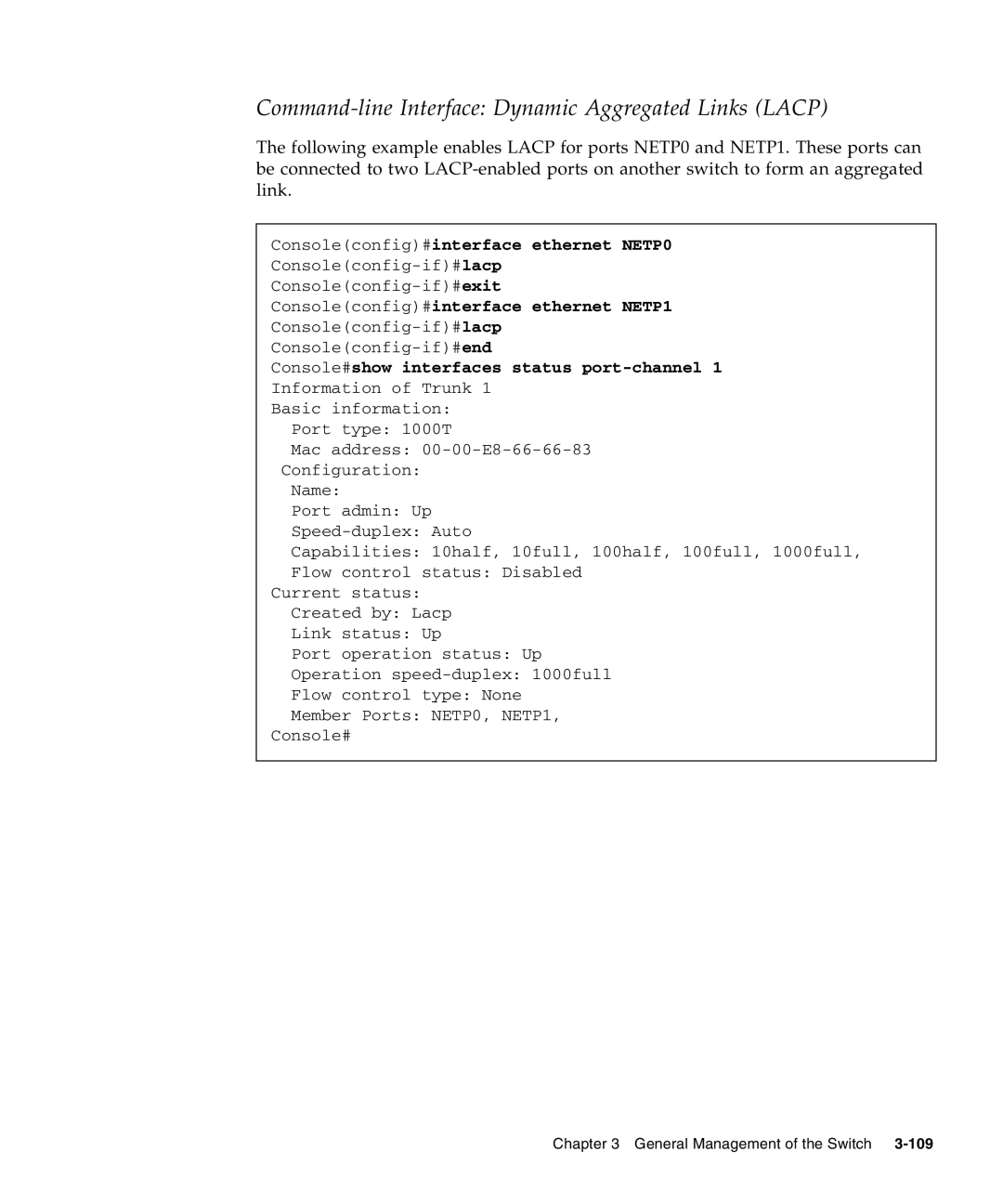 Sunfire B1600 manual Command-line Interface Dynamic Aggregated Links Lacp, Consoleconfig#interface ethernet NETP0 