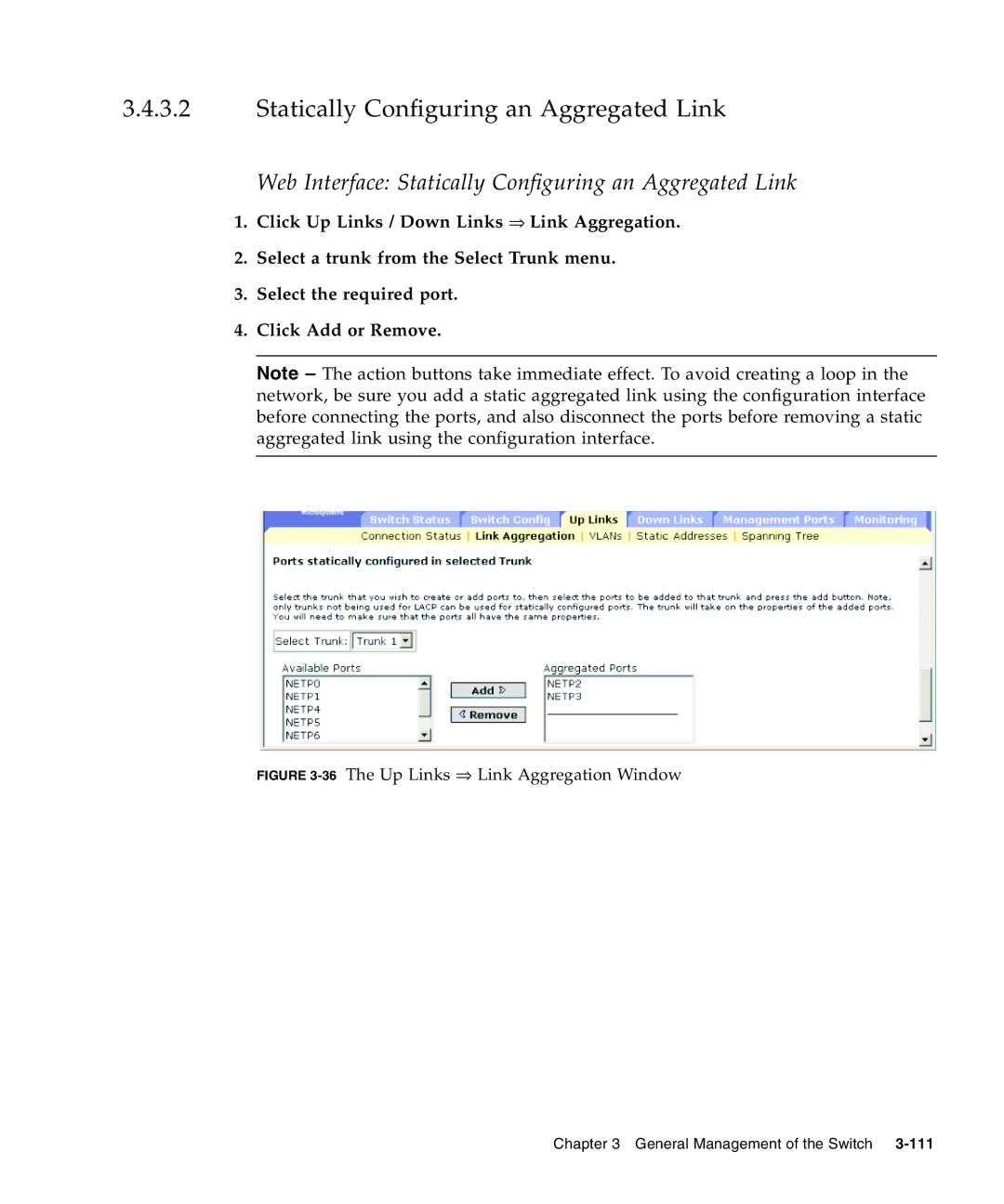 Sunfire B1600 manual Web Interface Statically Configuring an Aggregated Link 