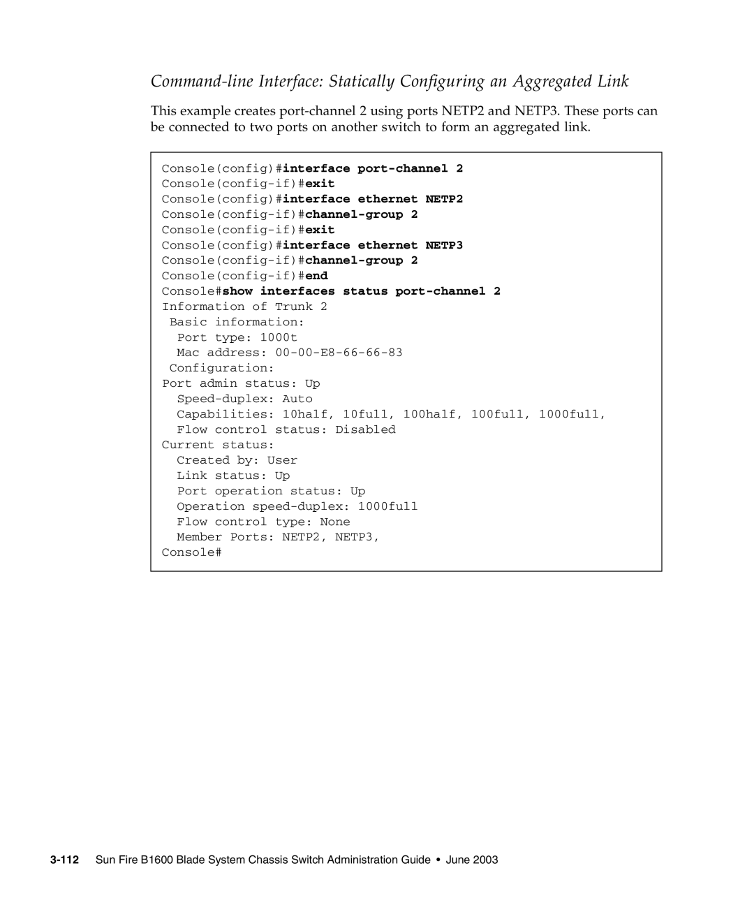 Sunfire B1600 manual Consoleconfig#interface port-channel, Consoleconfig#interface ethernet NETP3 