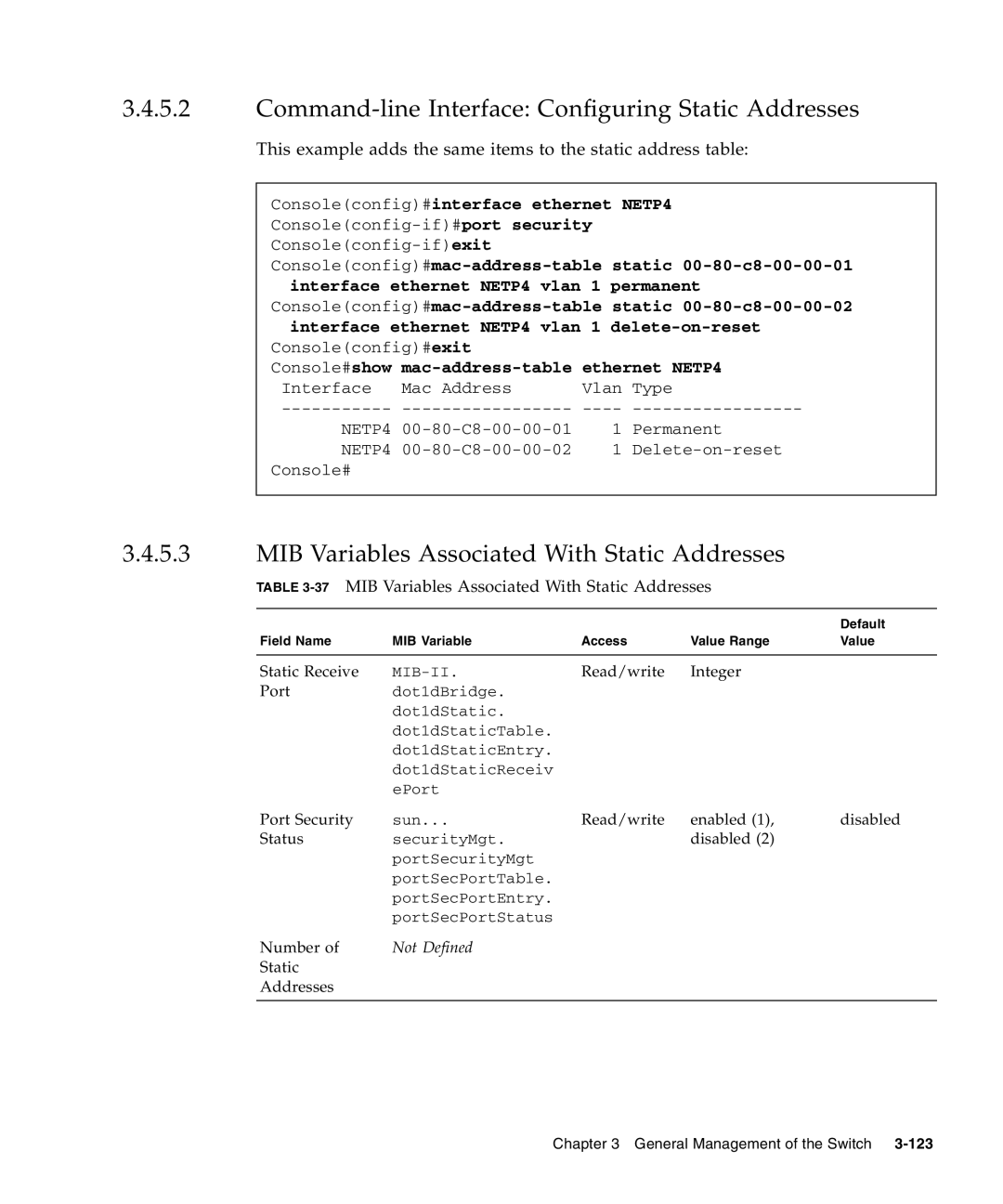 Sunfire B1600 manual Command-line Interface Configuring Static Addresses, MIB Variables Associated With Static Addresses 