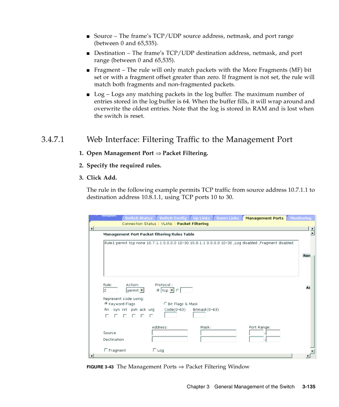 Sunfire B1600 Web Interface Filtering Traffic to the Management Port, 43The Management Ports ⇒ Packet Filtering Window 