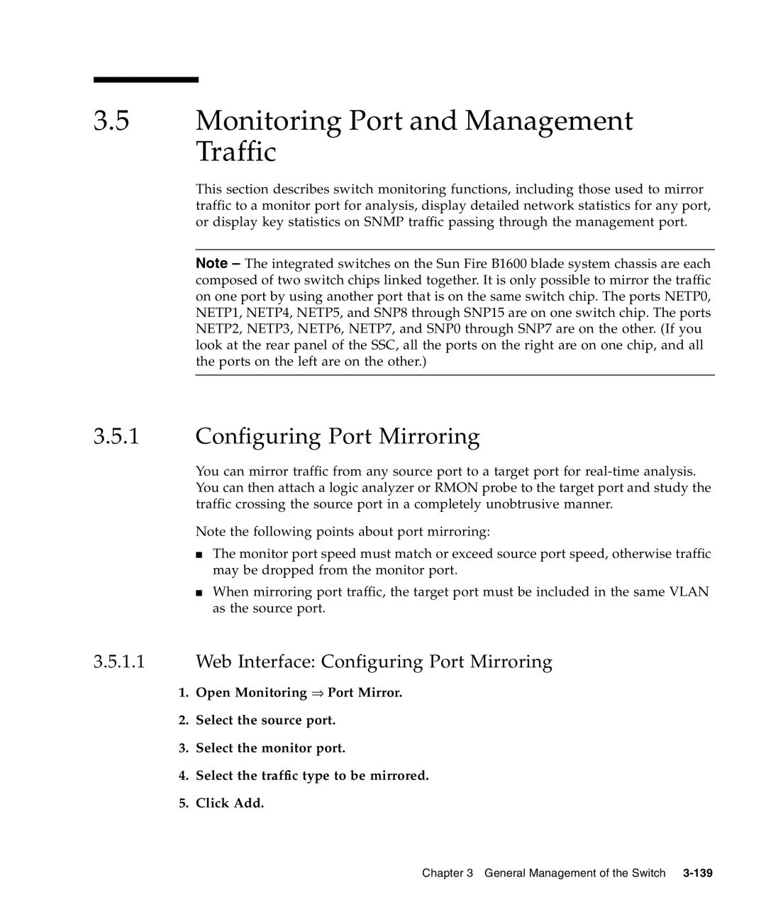 Sunfire B1600 manual Monitoring Port and Management Traffic, Web Interface Configuring Port Mirroring 