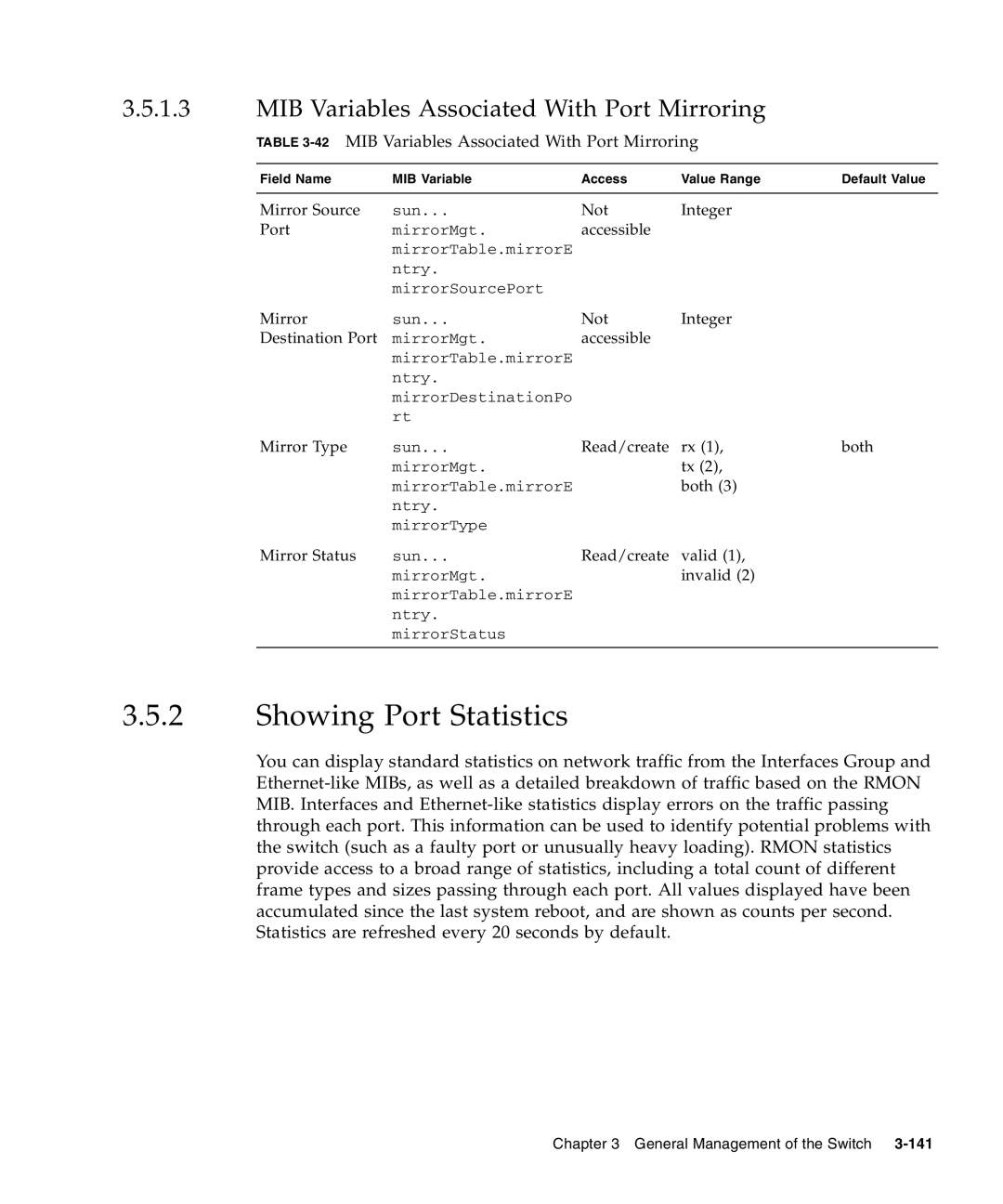 Sunfire B1600 manual Showing Port Statistics, MIB Variables Associated With Port Mirroring 