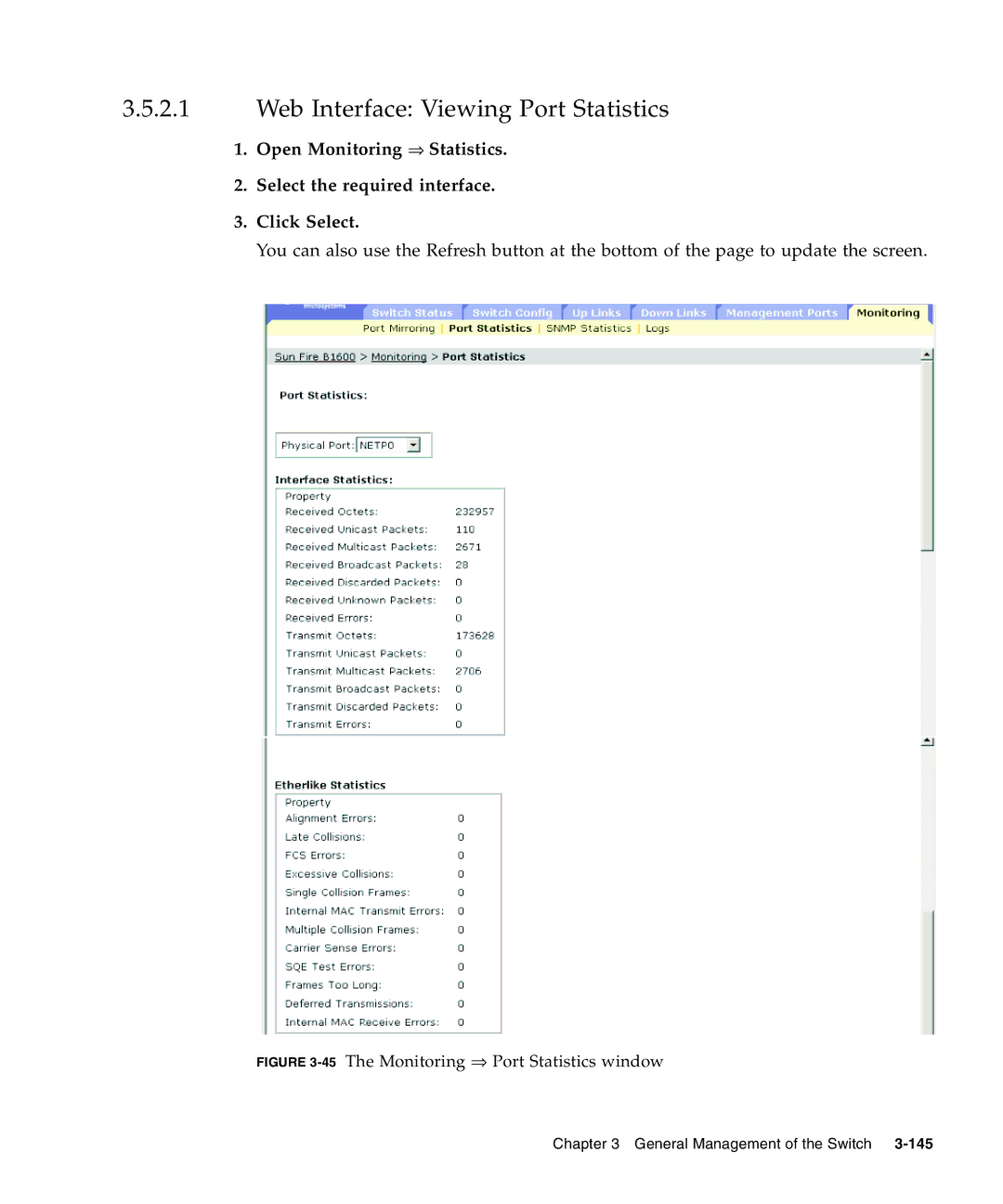 Sunfire B1600 manual Web Interface Viewing Port Statistics, 45The Monitoring ⇒ Port Statistics window 