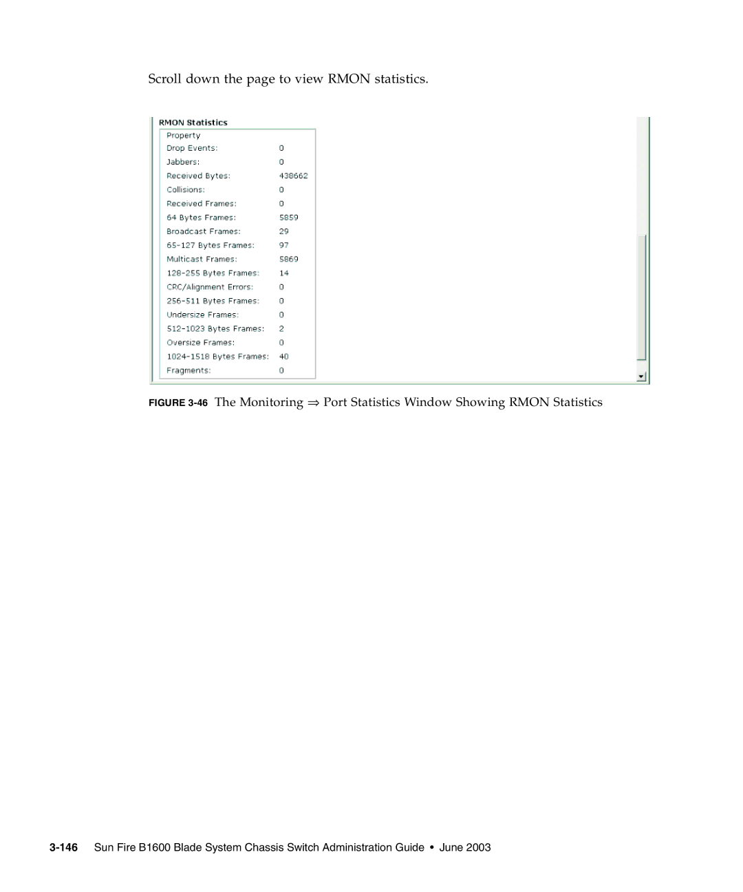 Sunfire B1600 manual Scroll down the page to view Rmon statistics 