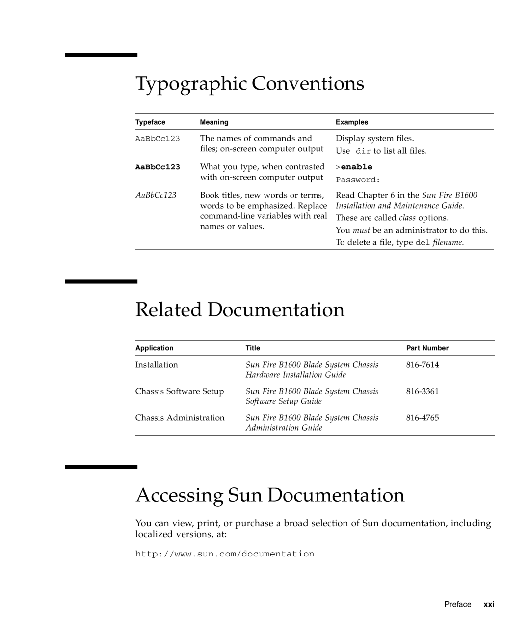 Sunfire B1600 manual Typographic Conventions, Related Documentation, Accessing Sun Documentation, Enable 