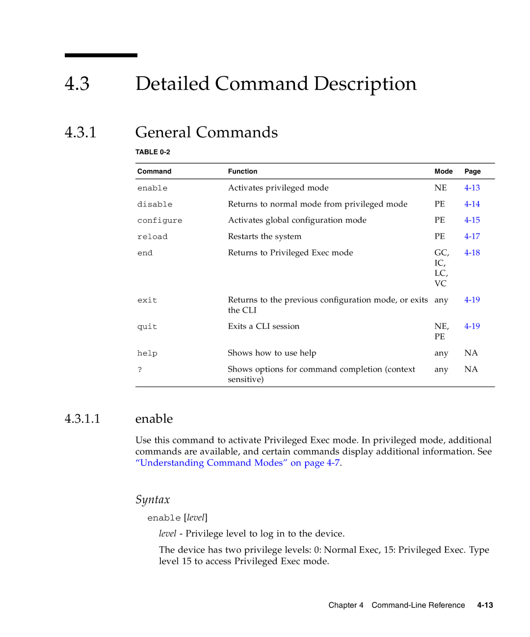 Sunfire B1600 manual Detailed Command Description, General Commands, Enable, Syntax 