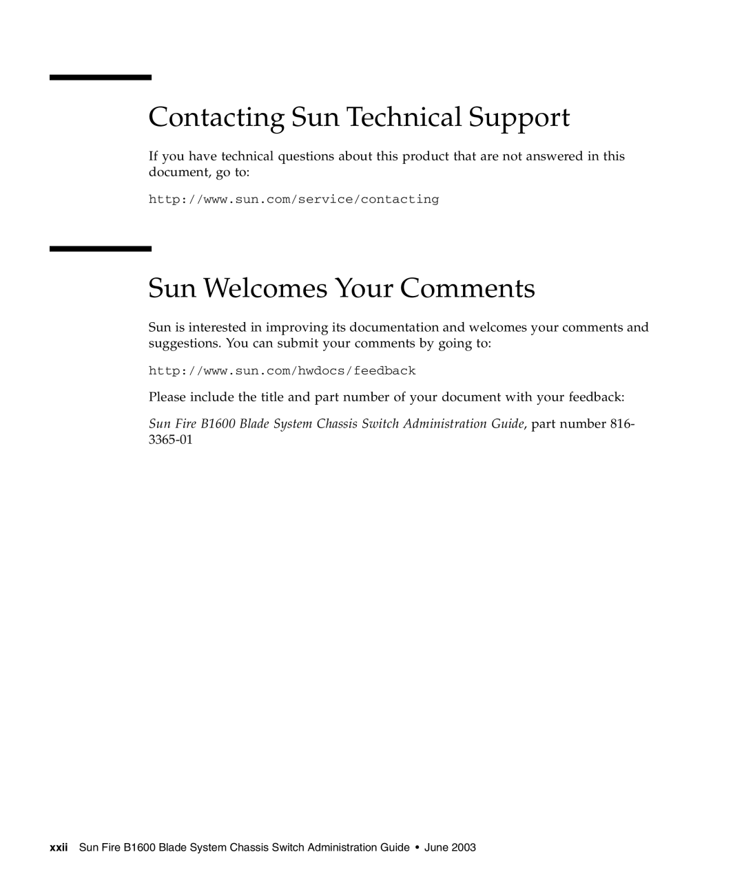 Sunfire B1600 manual Contacting Sun Technical Support, Sun Welcomes Your Comments 