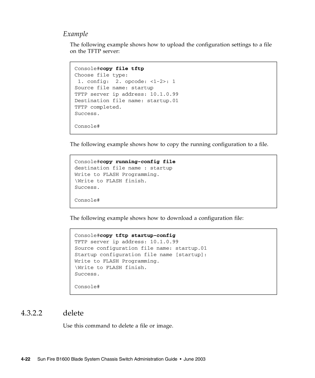 Sunfire B1600 manual Delete, Console#copy file tftp 