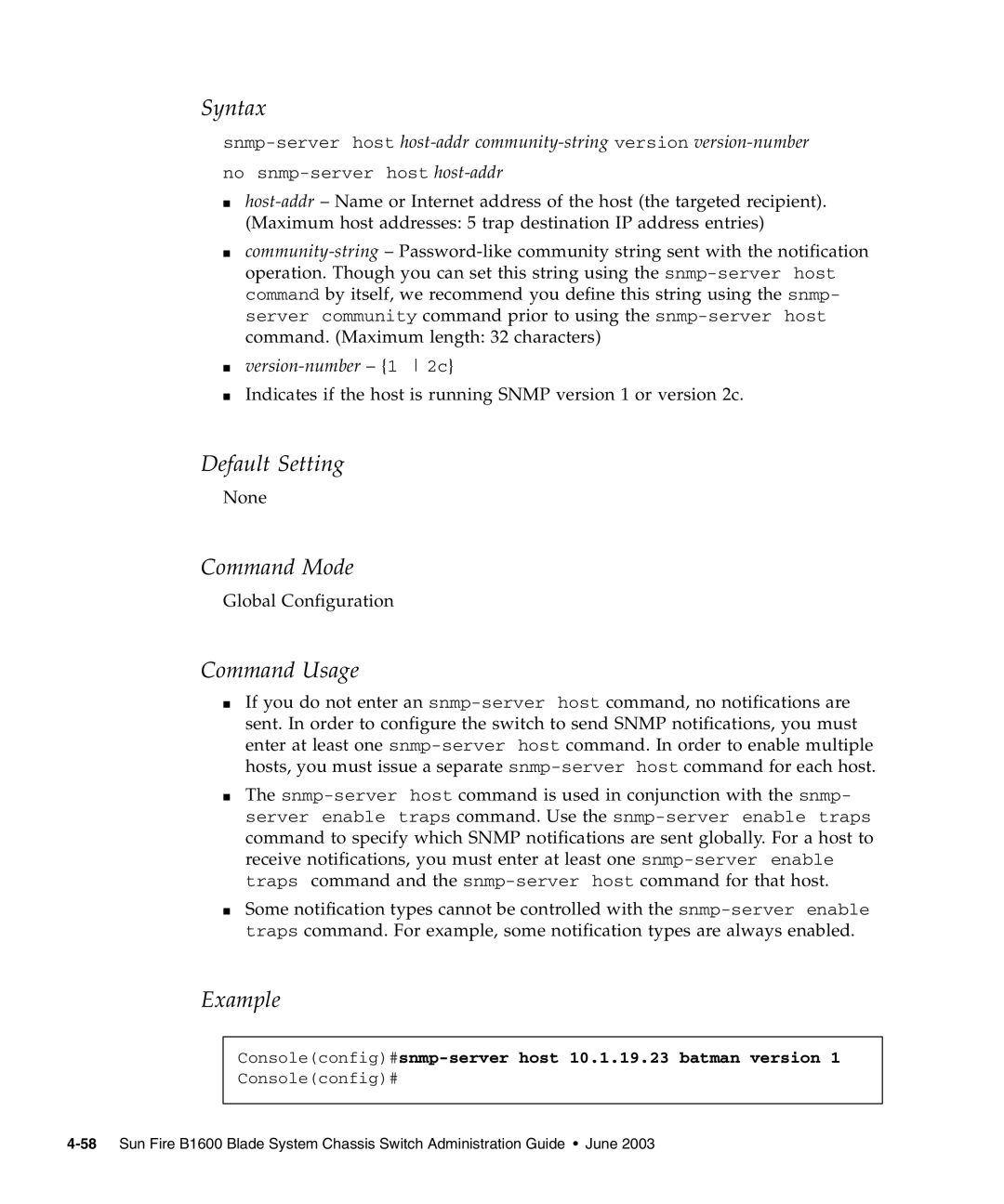 Sunfire B1600 manual Consoleconfig#snmp-server host 10.1.19.23 batman version 