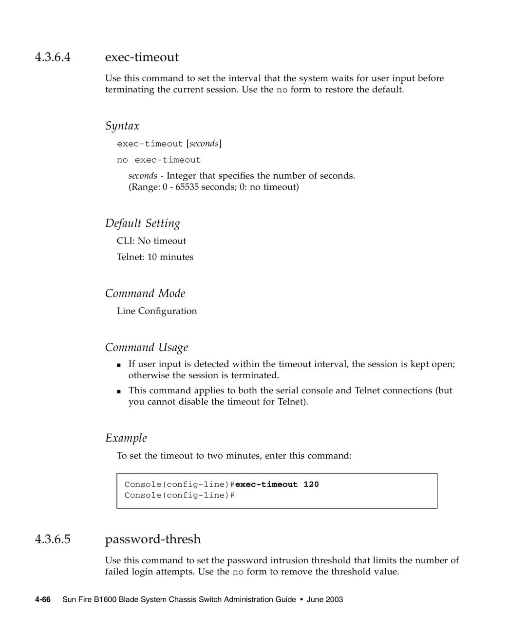 Sunfire B1600 manual Exec-timeout, Password-thresh 