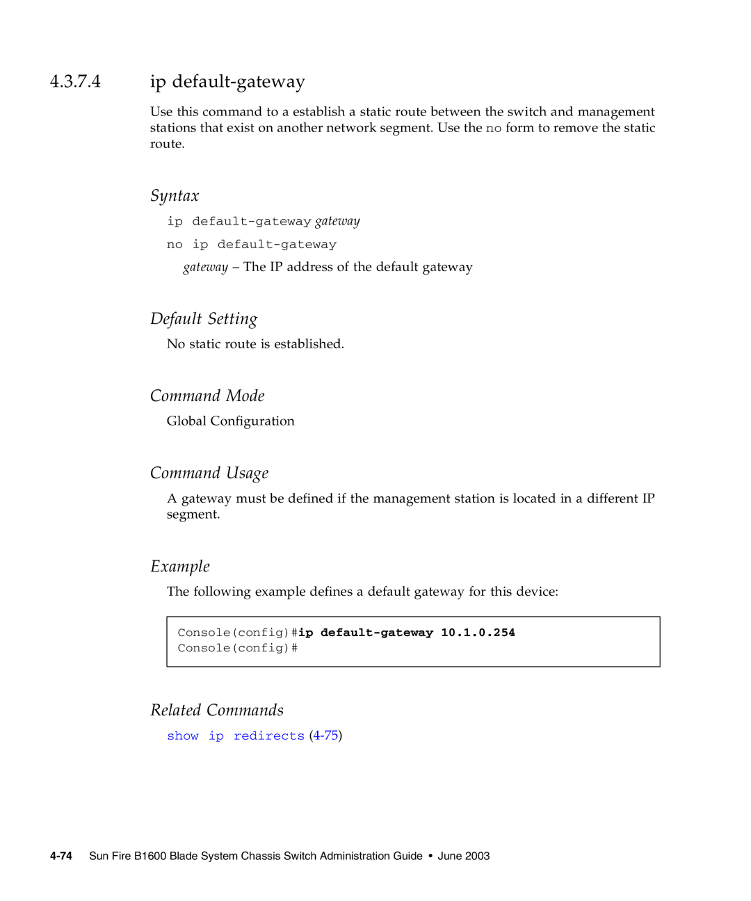 Sunfire B1600 manual Ip default-gateway, Consoleconfig#ip default-gateway 