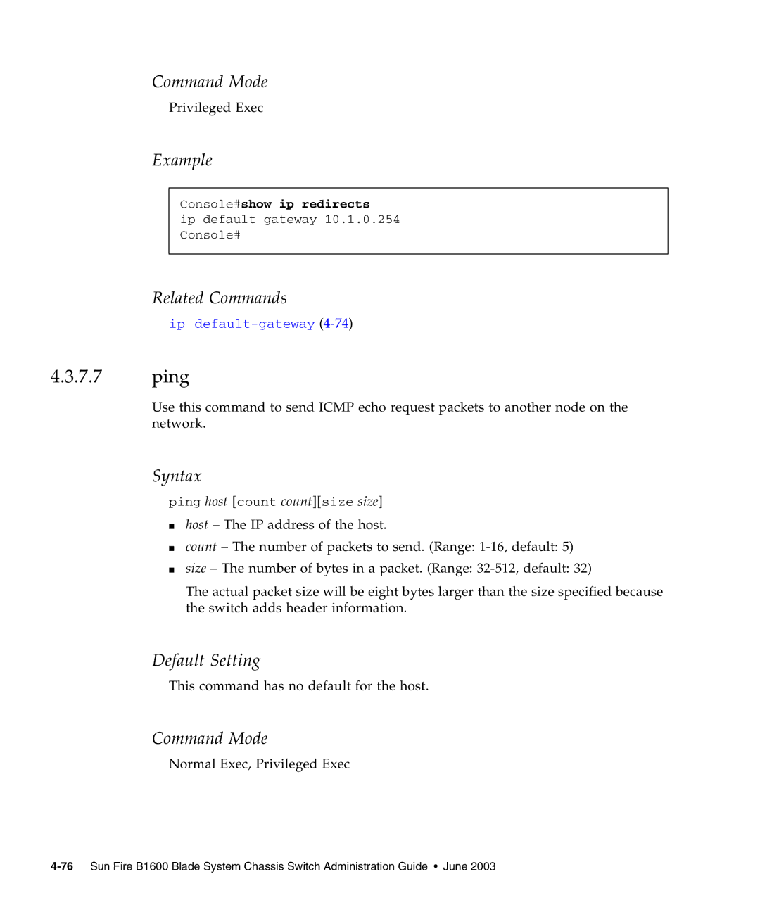 Sunfire B1600 manual Ping, Console#show ip redirects 