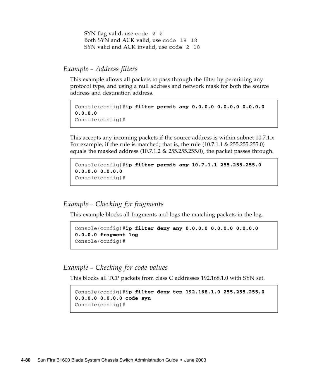 Sunfire B1600 manual Example Address filters, Example Checking for fragments, Example Checking for code values 