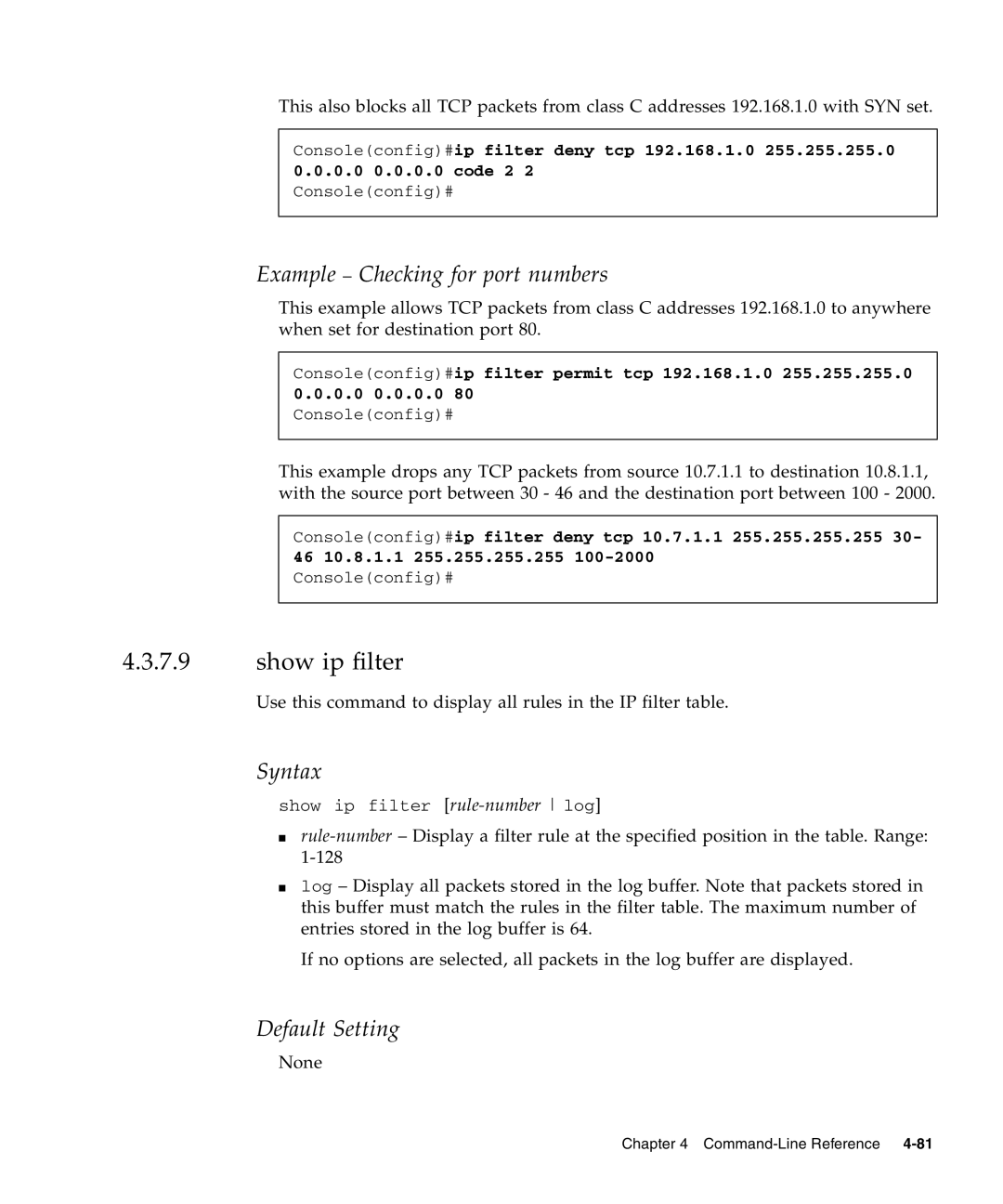 Sunfire B1600 manual Show ip filter, Example Checking for port numbers 