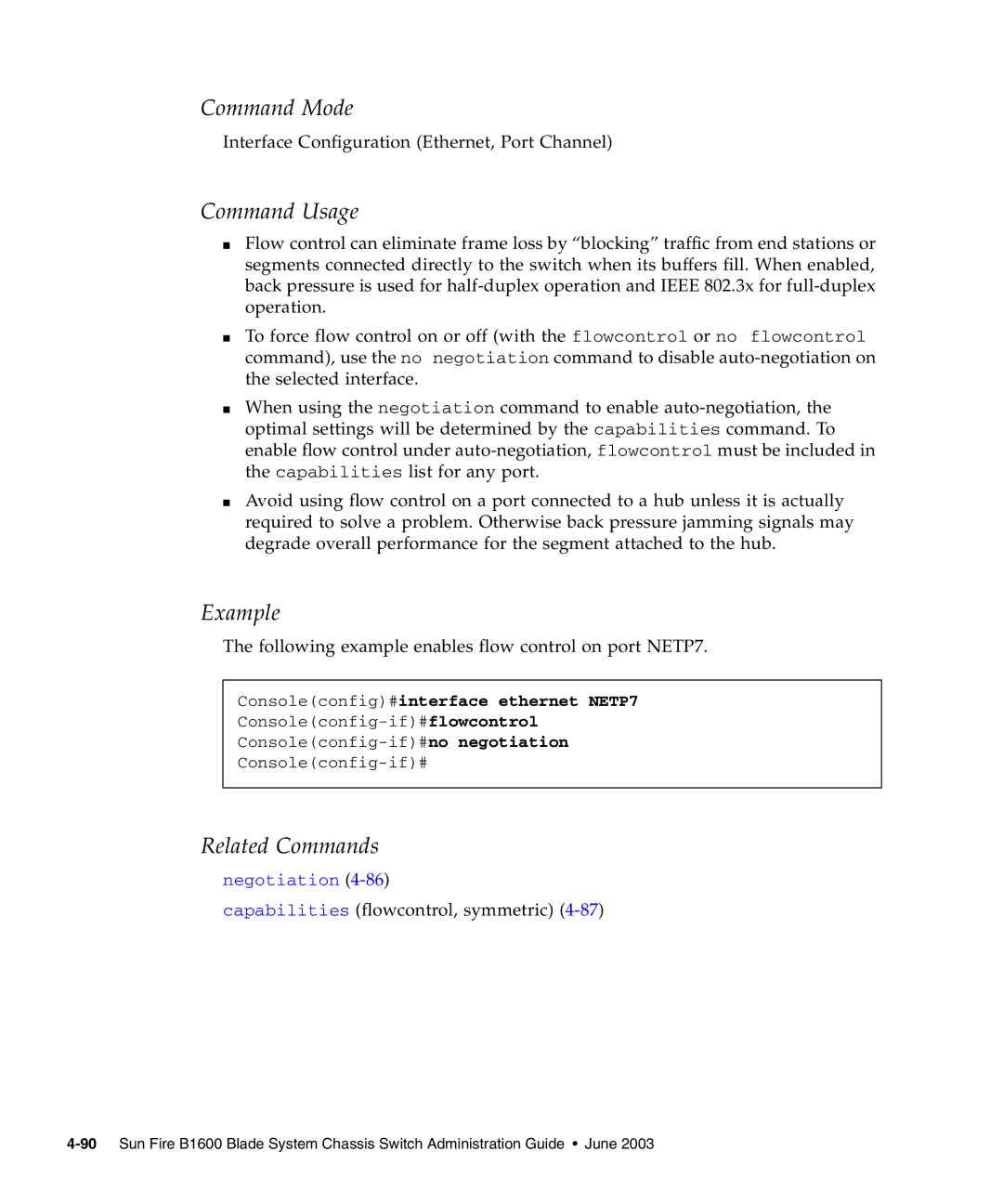 Sunfire B1600 manual Following example enables flow control on port NETP7, Consoleconfig#interface ethernet NETP7 