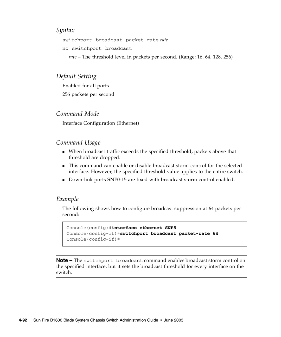 Sunfire B1600 manual Enabled for all ports Packets per second 