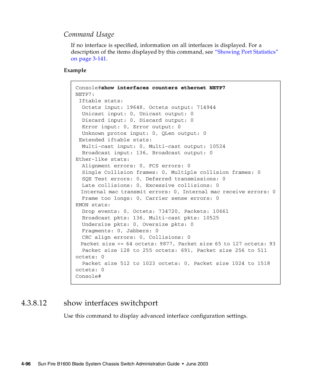 Sunfire B1600 manual Show interfaces switchport, Console#show interfaces counters ethernet NETP7 