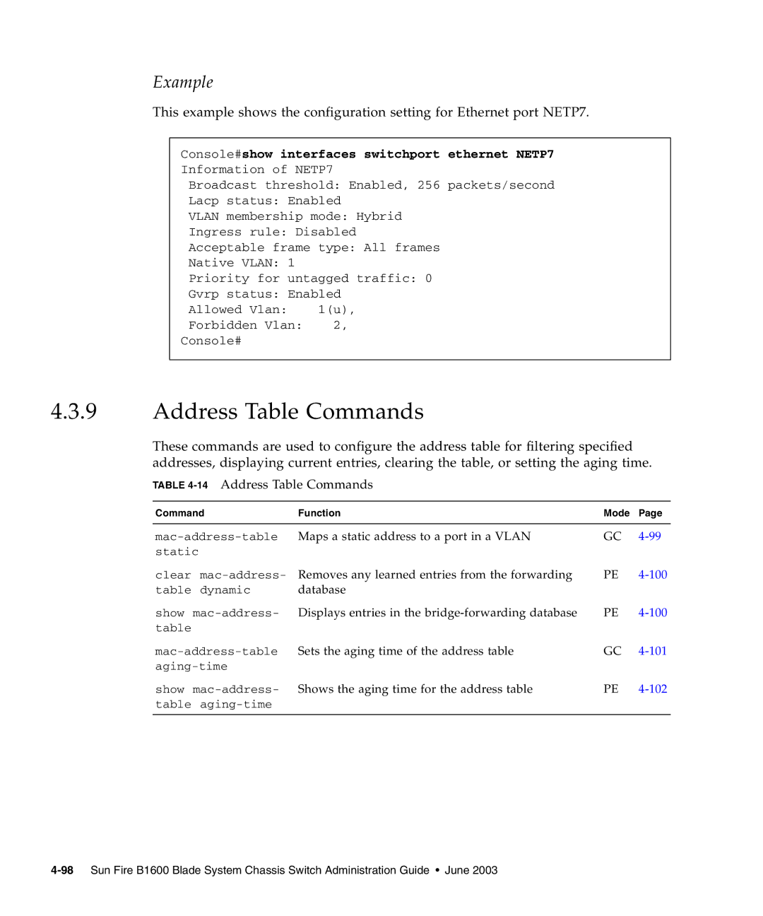 Sunfire B1600 manual Console#show interfaces switchport ethernet NETP7, 14Address Table Commands 