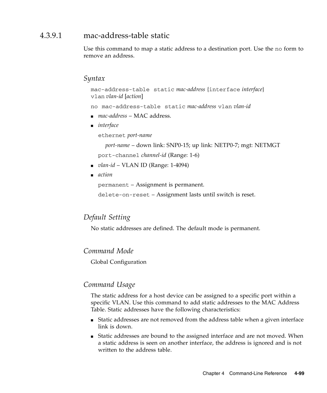 Sunfire B1600 manual Mac-address-table static, Action 