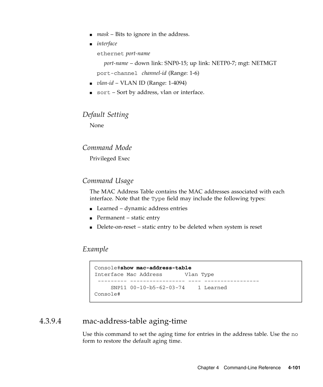 Sunfire B1600 manual Mac-address-table aging-time, Console#show mac-address-table 