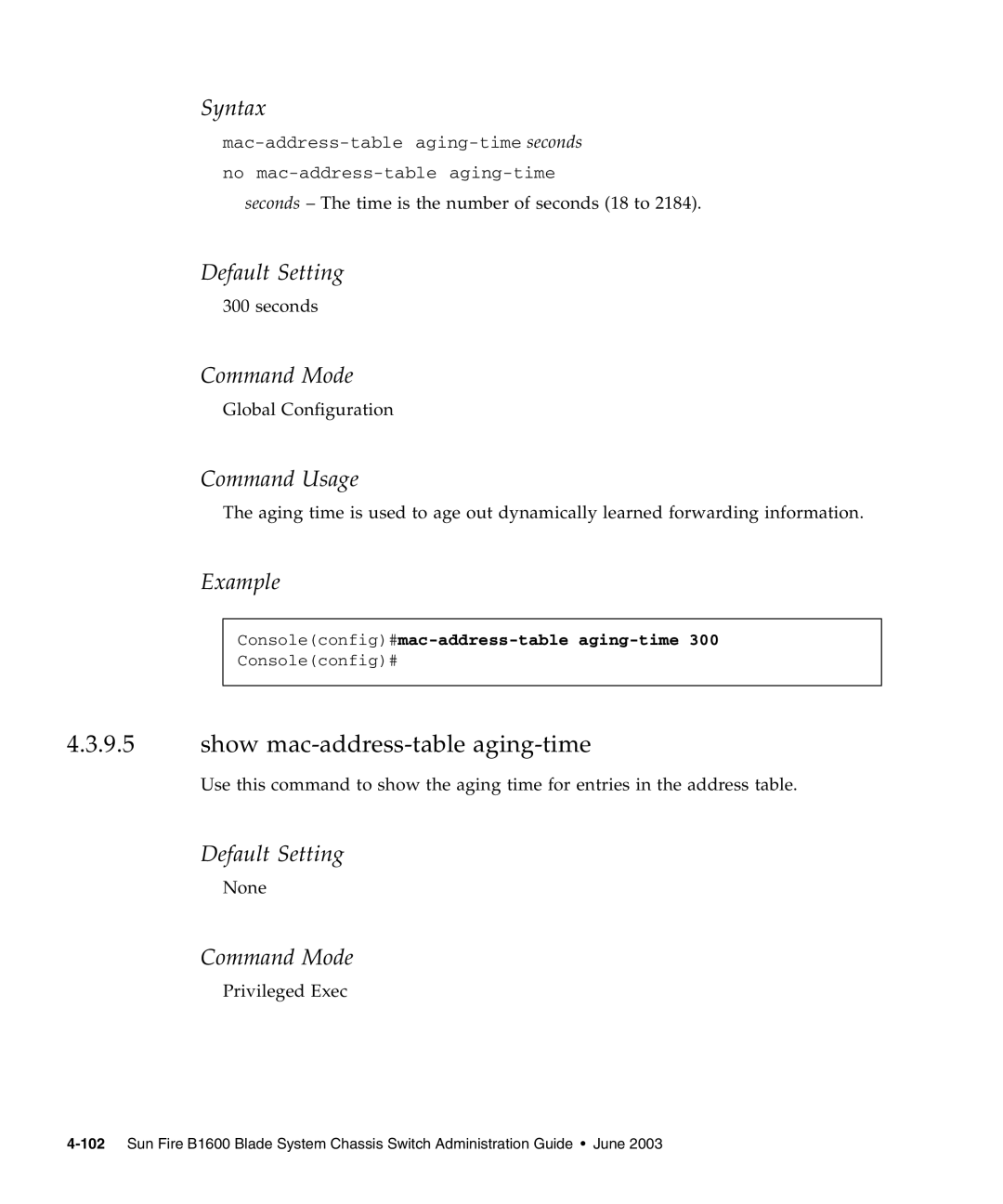 Sunfire B1600 manual Show mac-address-table aging-time, Consoleconfig#mac-address-table aging-time 