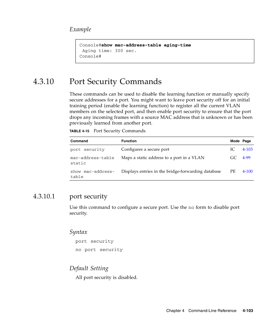 Sunfire B1600 manual Port security, Console#show mac-address-table aging-time, 15Port Security Commands 