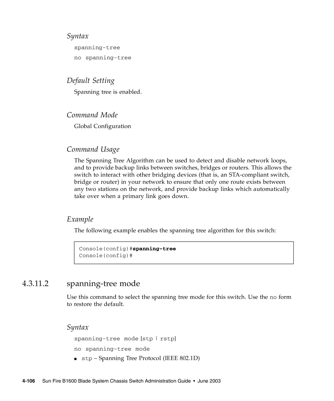 Sunfire B1600 manual Spanning-tree mode, Syntax 