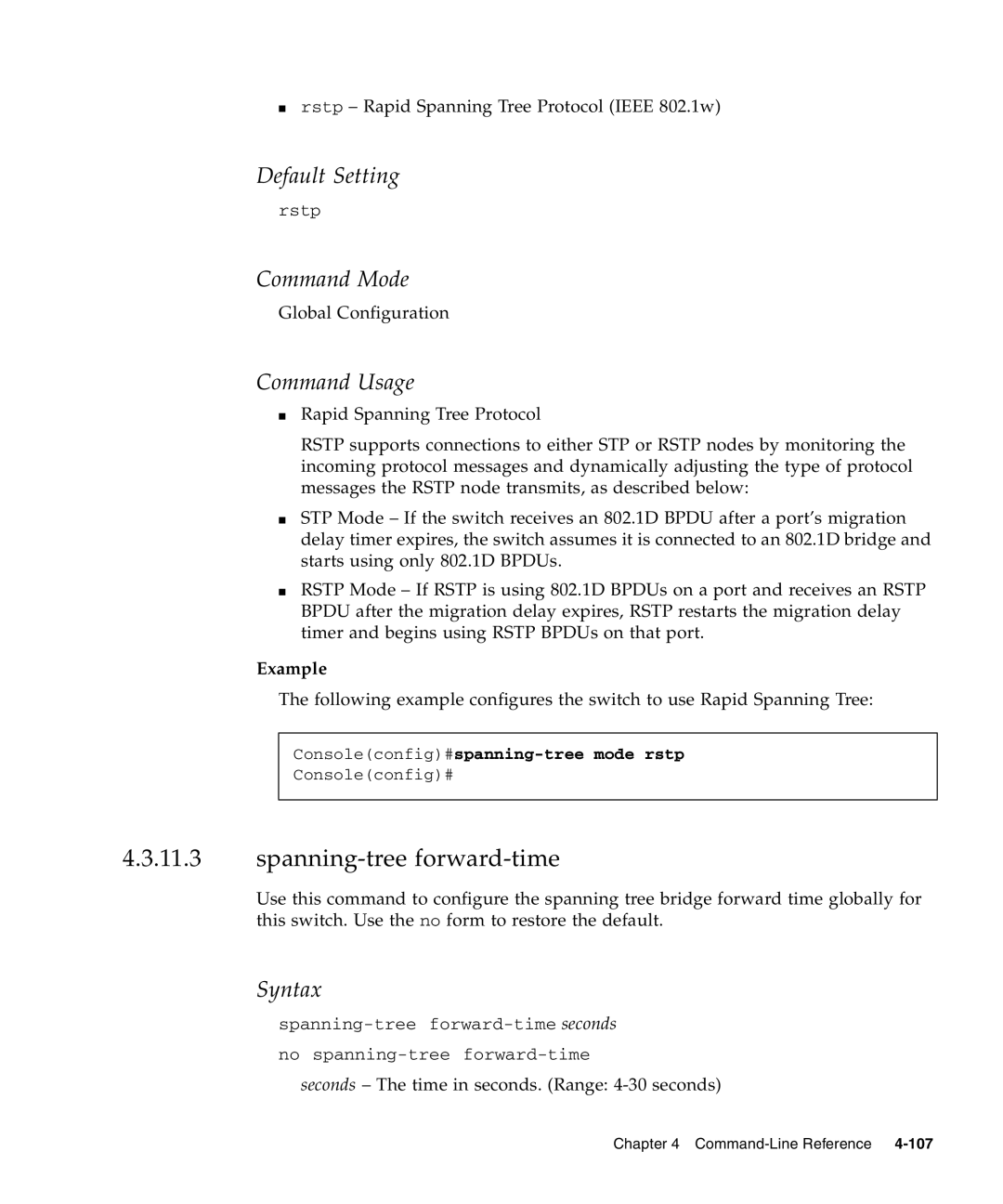 Sunfire B1600 manual Spanning-tree forward-time, Consoleconfig#spanning-tree mode rstp 