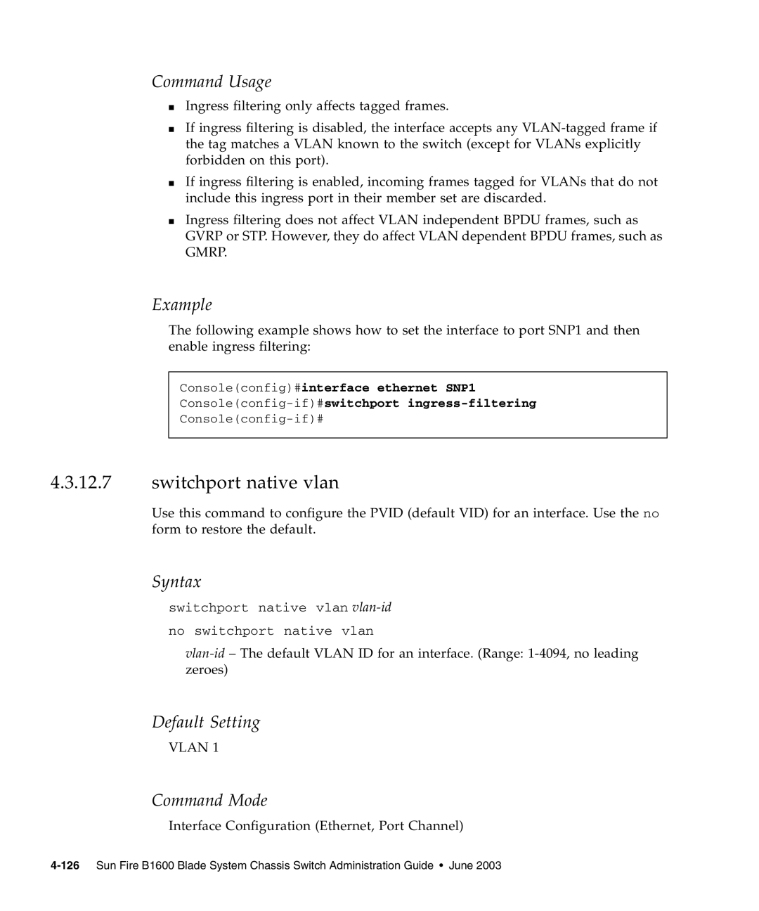 Sunfire B1600 manual Switchport native vlan 