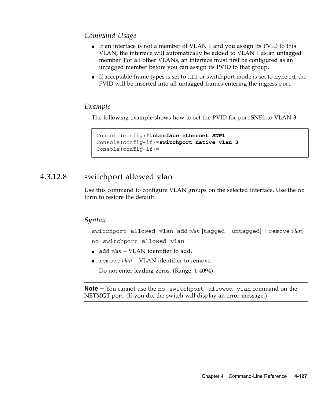 Sunfire B1600 manual Switchport allowed vlan 