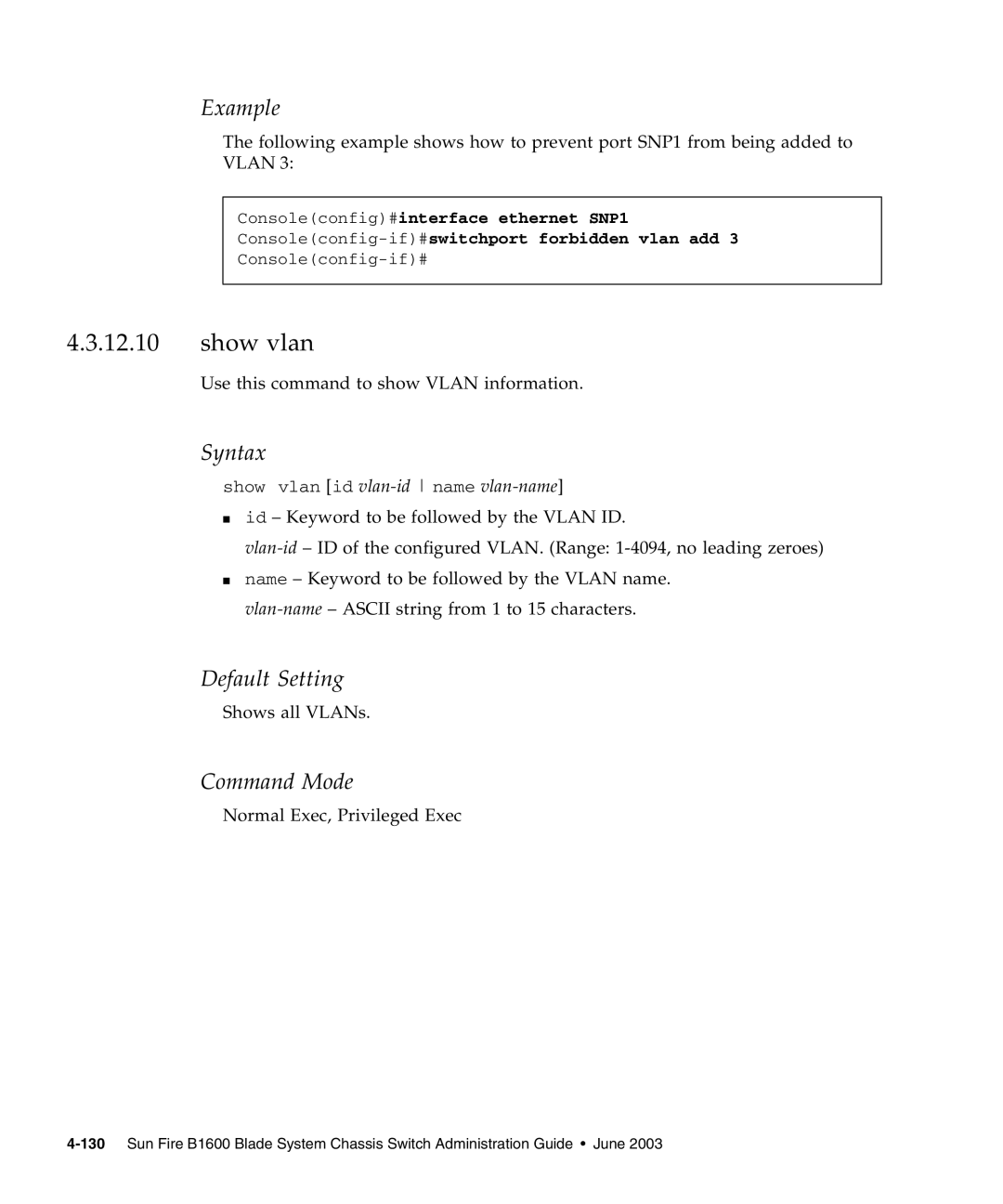 Sunfire B1600 manual Show vlan 