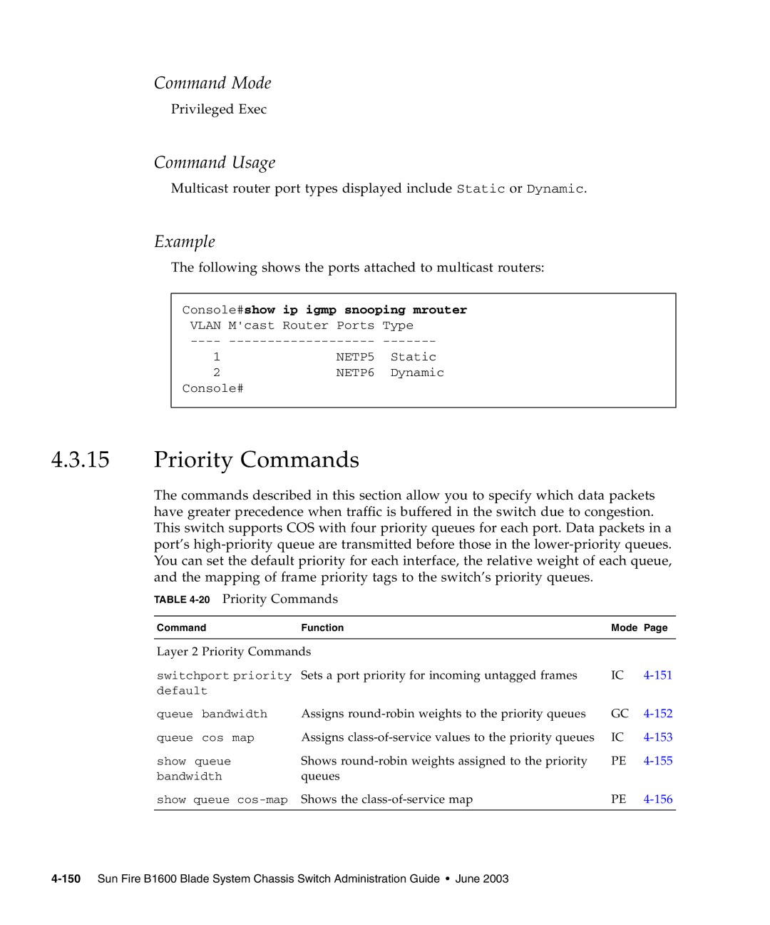 Sunfire B1600 manual Console#show ip igmp snooping mrouter, 20Priority Commands 