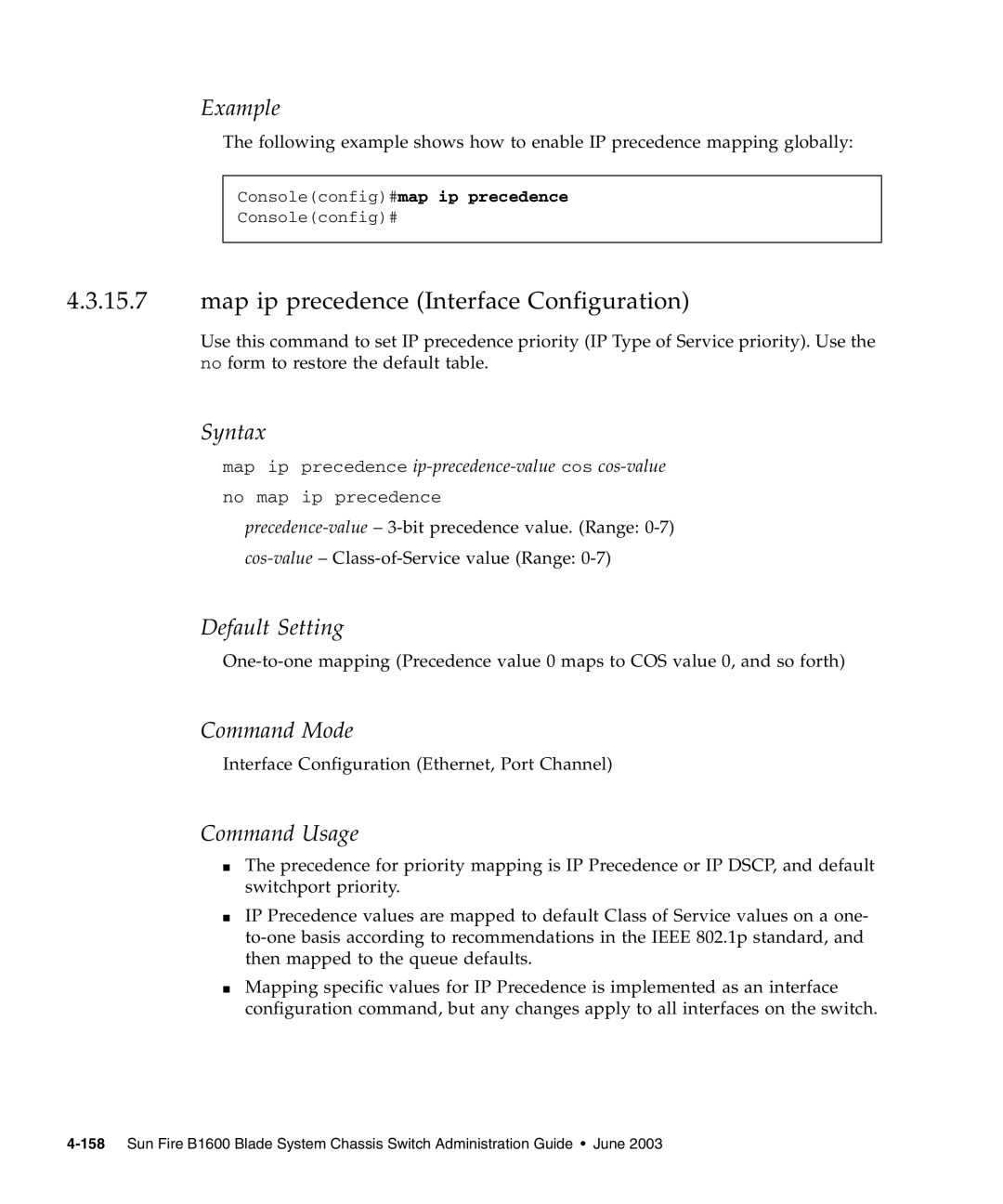 Sunfire B1600 manual Map ip precedence Interface Configuration, Map ip precedence ip-precedence-value cos cos-value 