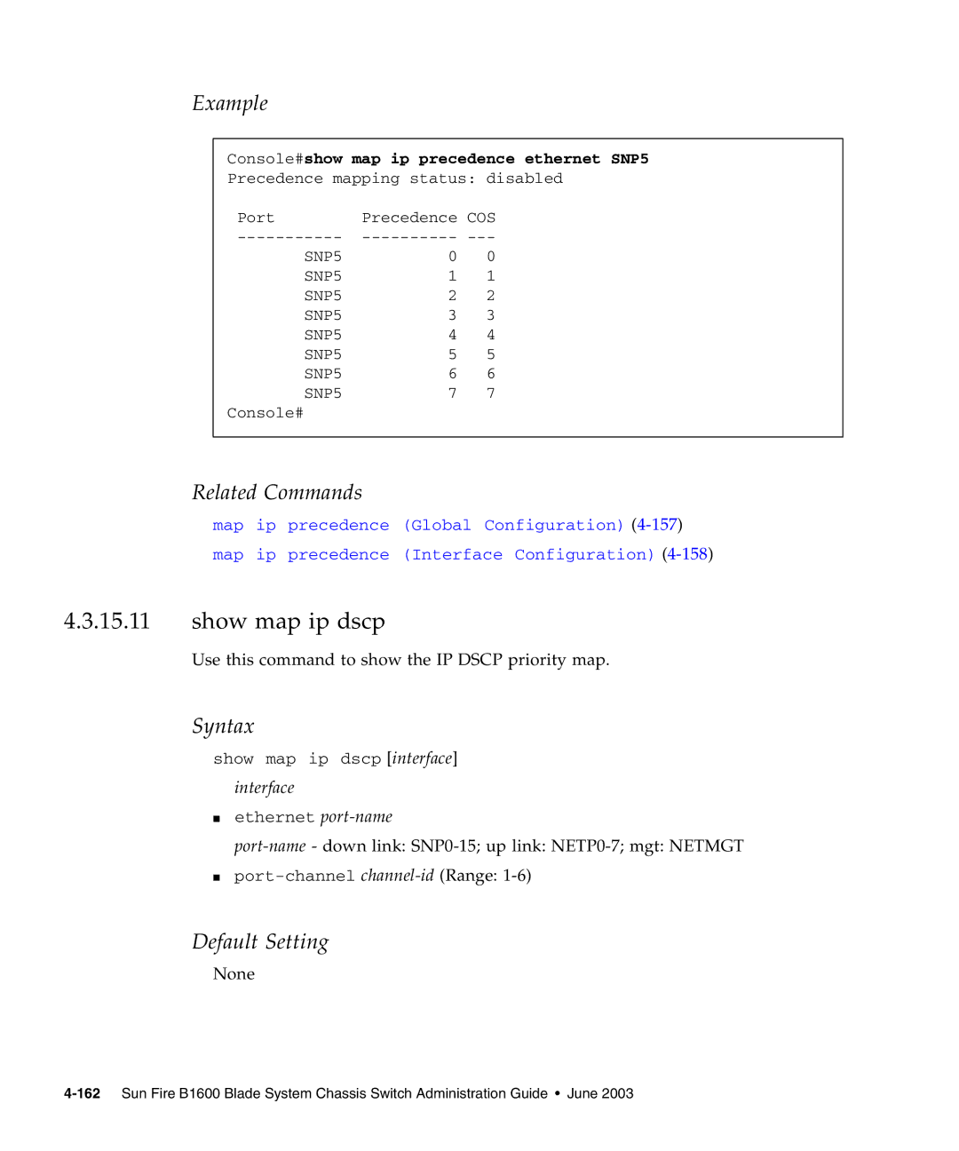 Sunfire B1600 manual Show map ip dscp, Console#show map ip precedence ethernet SNP5 