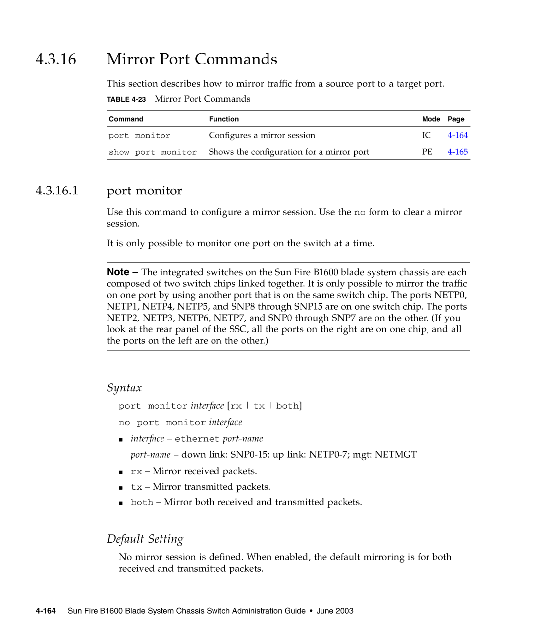 Sunfire B1600 manual Port monitor, 23Mirror Port Commands 