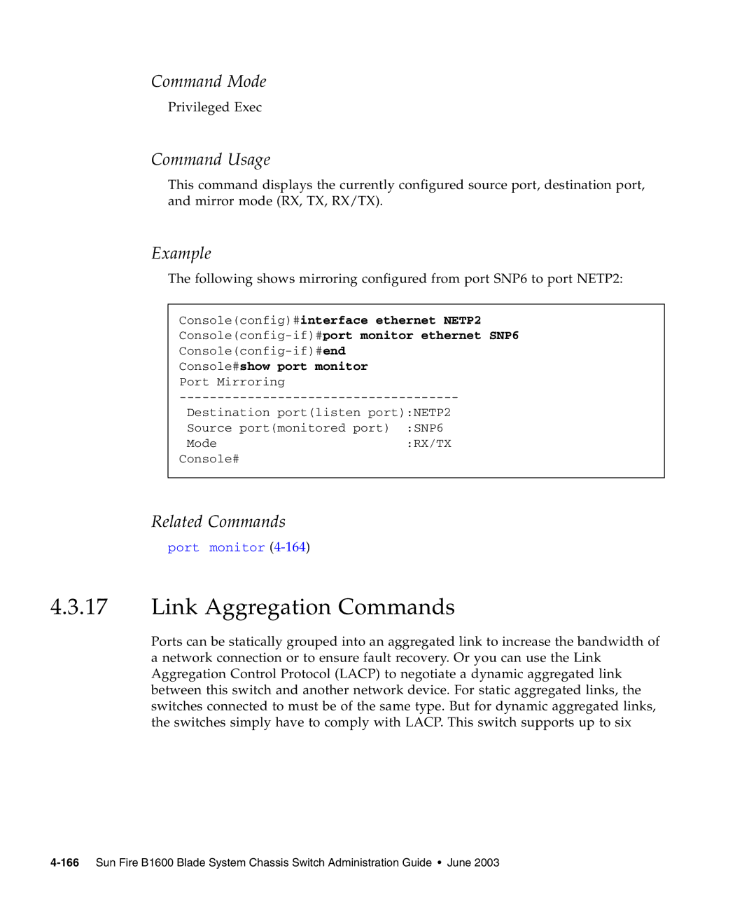 Sunfire B1600 manual Link Aggregation Commands 