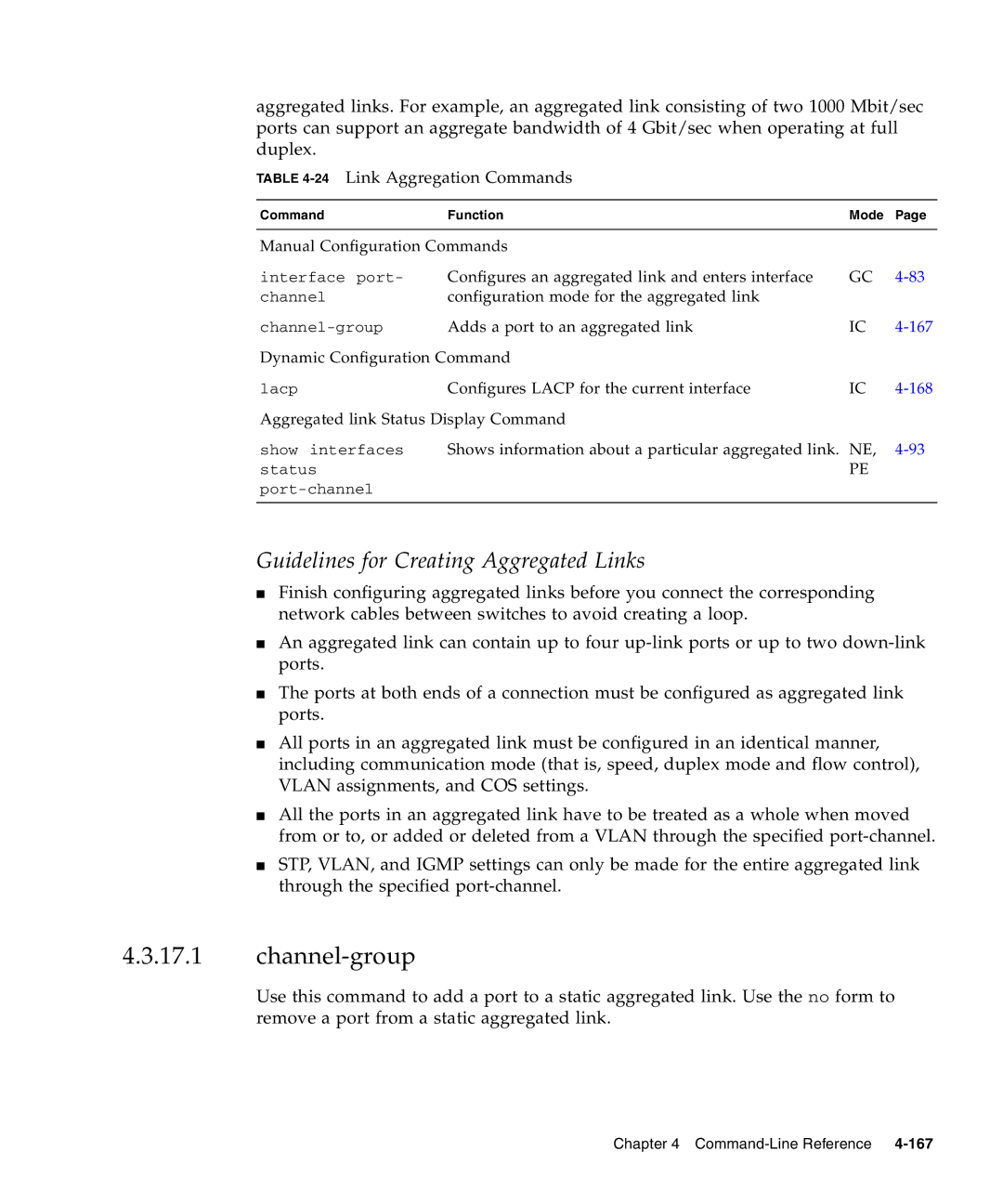 Sunfire B1600 manual Channel-group, Guidelines for Creating Aggregated Links, 24Link Aggregation Commands 