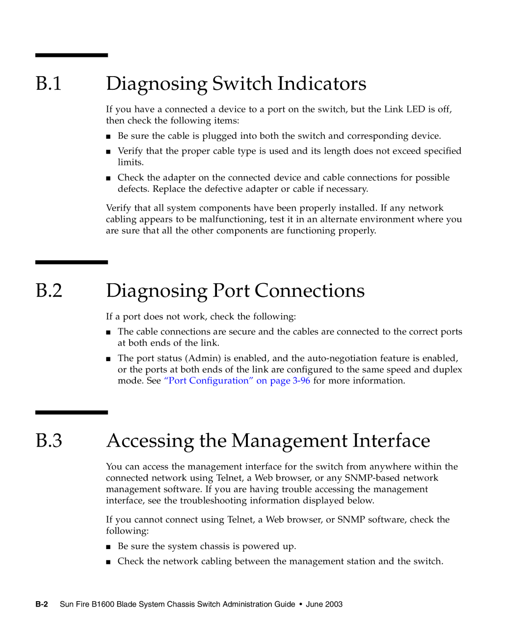 Sunfire B1600 manual Diagnosing Switch Indicators, Diagnosing Port Connections, Accessing the Management Interface 