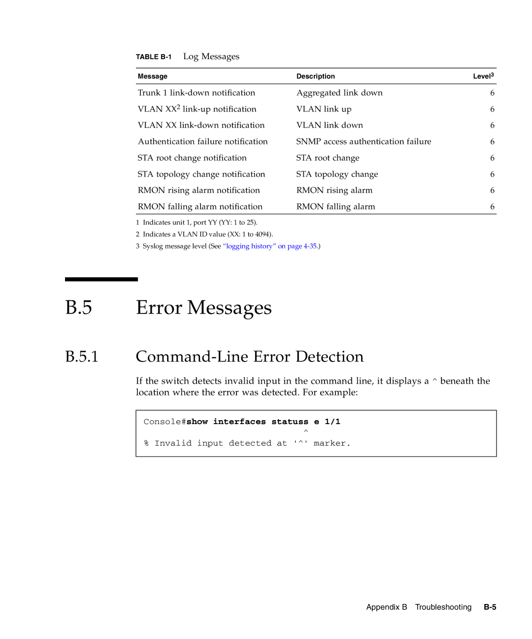 Sunfire B1600 manual Error Messages, Command-Line Error Detection, Console#show interfaces statuss e 1/1 