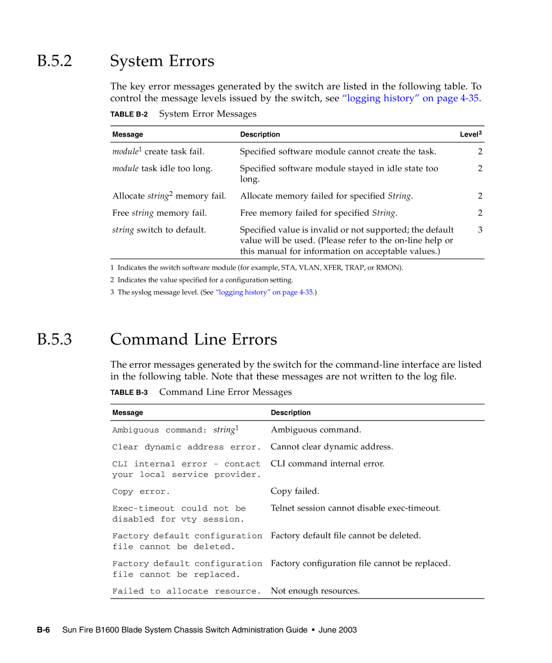 Sunfire B1600 System Errors, Command Line Errors, Table B-2System Error Messages, Table B-3Command Line Error Messages 