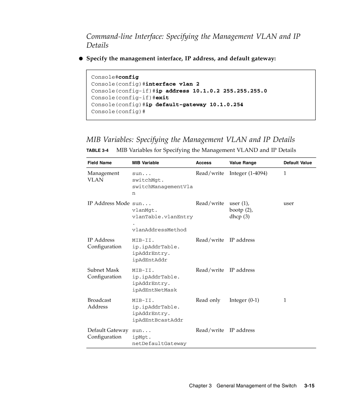 Sunfire B1600 manual MIB Variables Specifying the Management Vlan and IP Details, Consoleconfig-if#ip address 10.1.0.2 